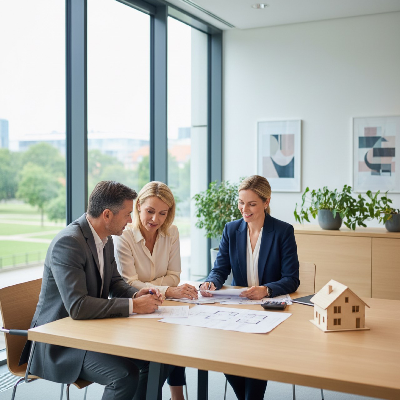 Finanzierungsberaterin ermittelt mit einem Paar den Beleihungswert einer Immobilie am Tisch mit Grundriss und Hausmodell