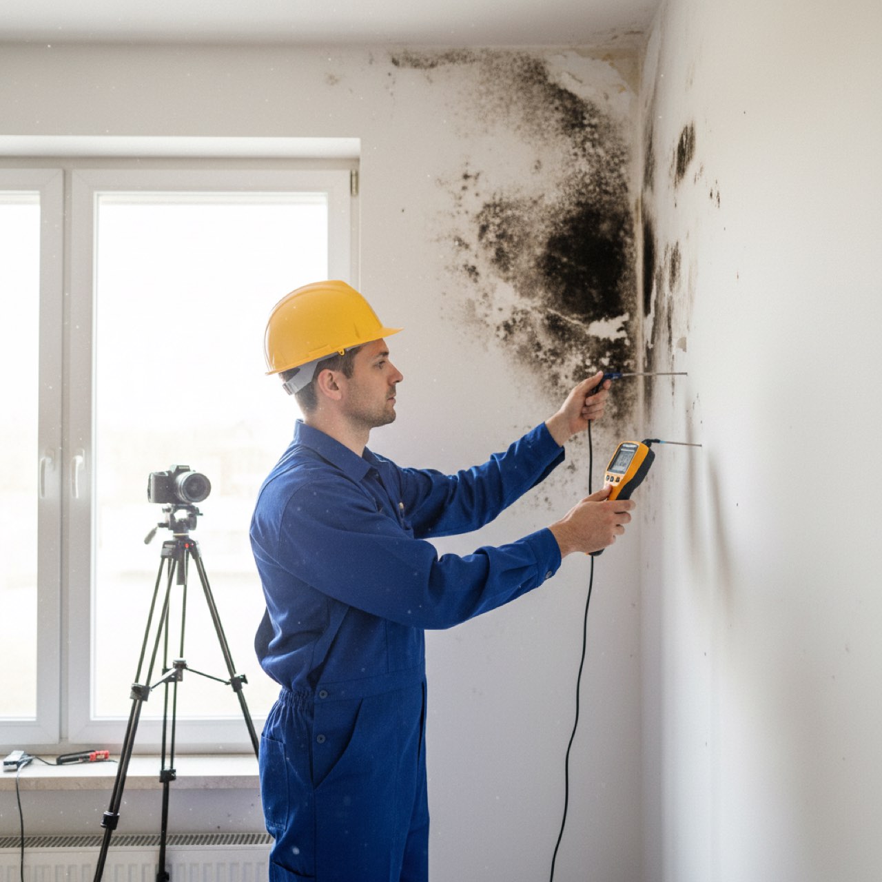 Bausachverstaendiger misst mit einem Feuchtigkeitsmessgeraet Schimmelbefall an einer Zimmerwand