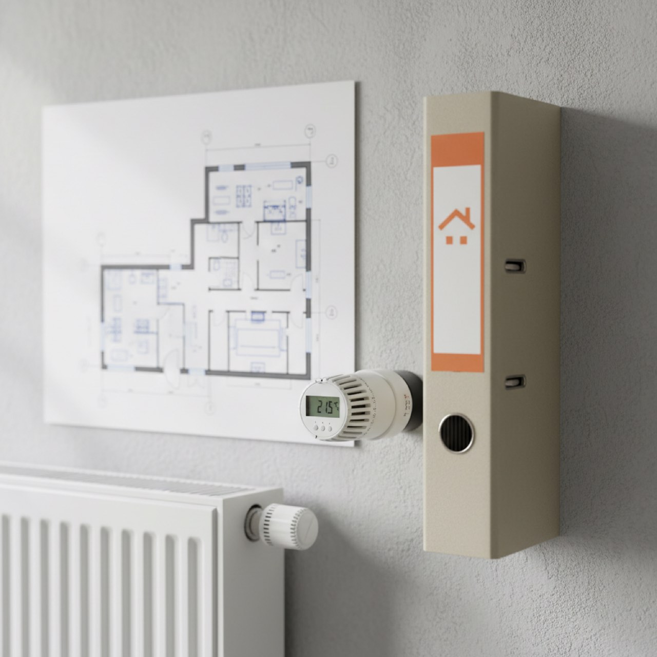 Heizkörper-Thermostat und Immobilien-Grundriss als Symbol für Energieausweis, Energieeffizienz und Heizkosten eines Gebäudes