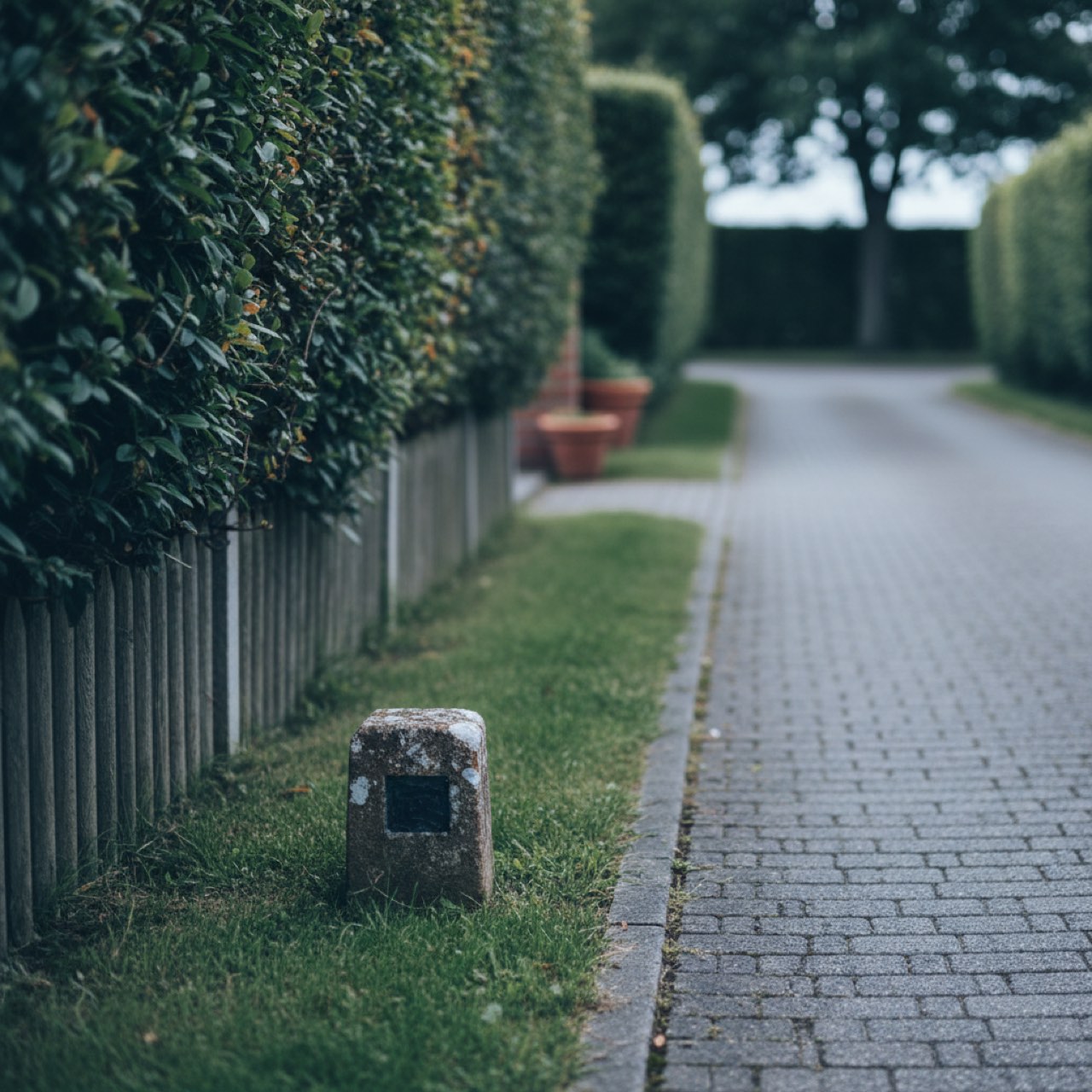 Befestigter Zufahrtsweg entlang einer Grundstücksgrenze mit Grenzstein als Sinnbild für ein Wegerecht