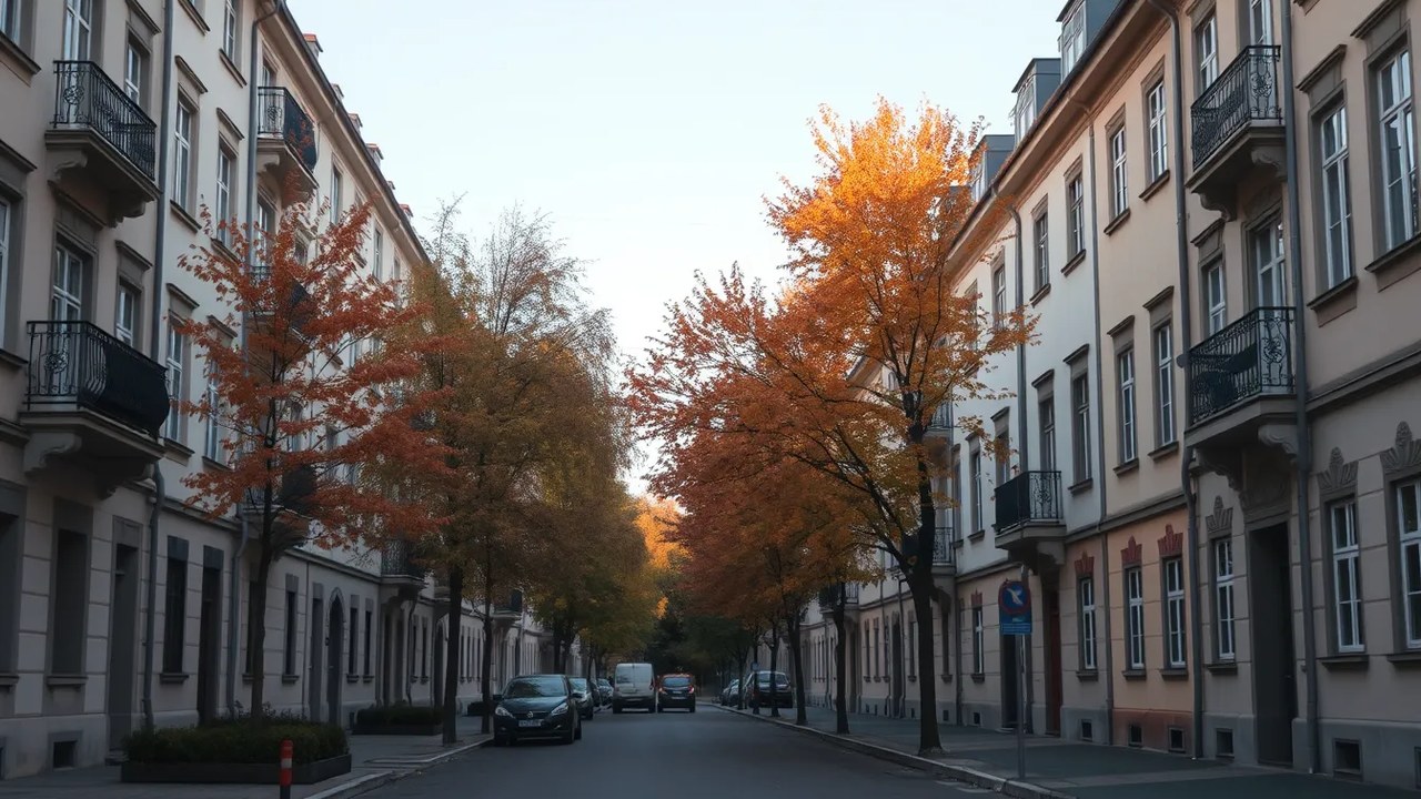 Ruhige Wohnstraße mit Altbau-Mehrfamilienhäusern mit Balkonen und Bäumen in Herbstfärbung