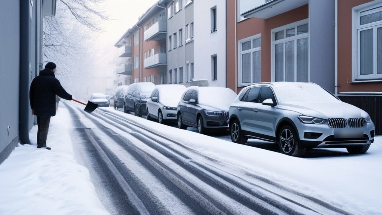 Mann räumt am Morgen Schnee vom Gehweg einer Wohnstraße mit verschneiten Mehrfamilienhäusern und parkenden Autos