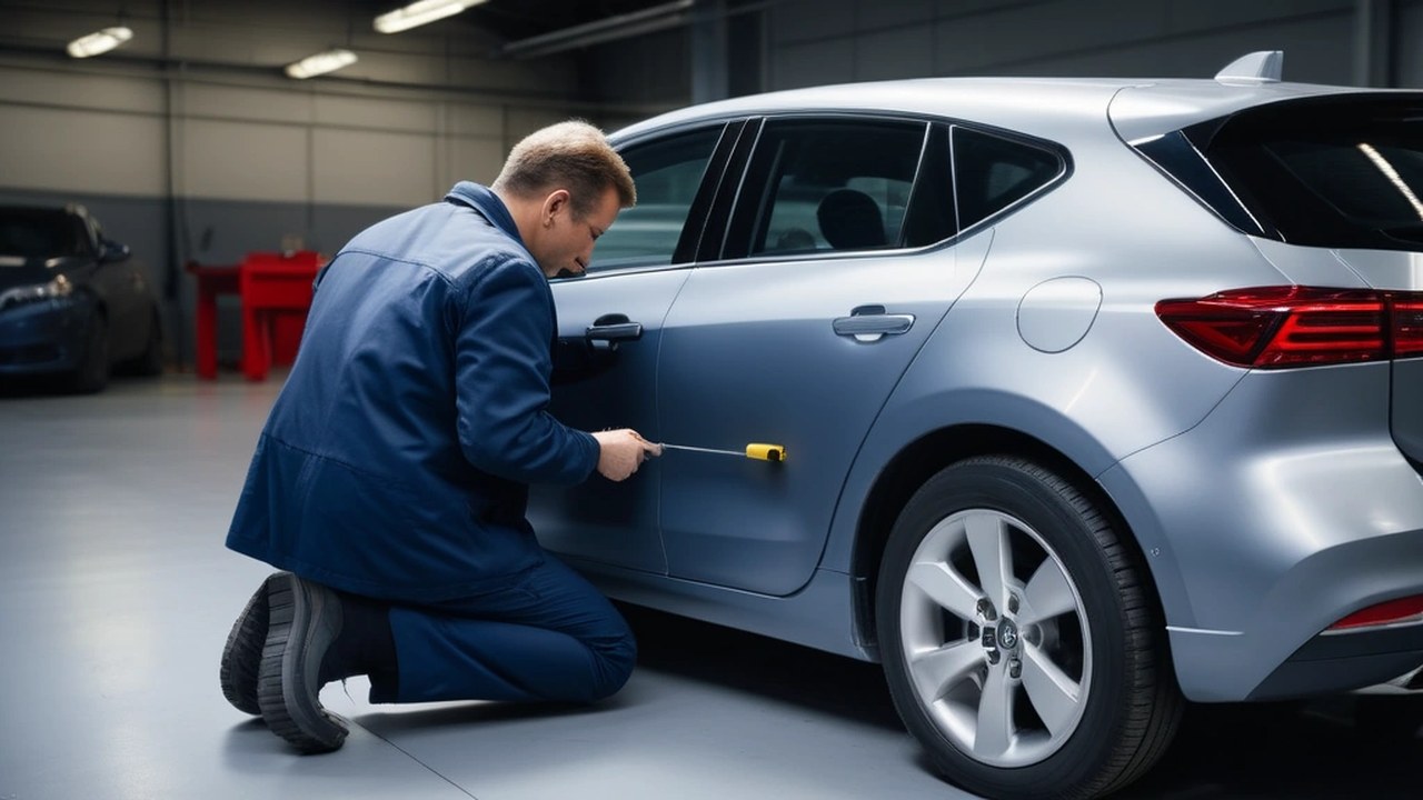 Kfz-Sachverständiger prüft mit einem Messgerät den Lack eines reparierten grauen Kompaktwagens in der Werkstatt