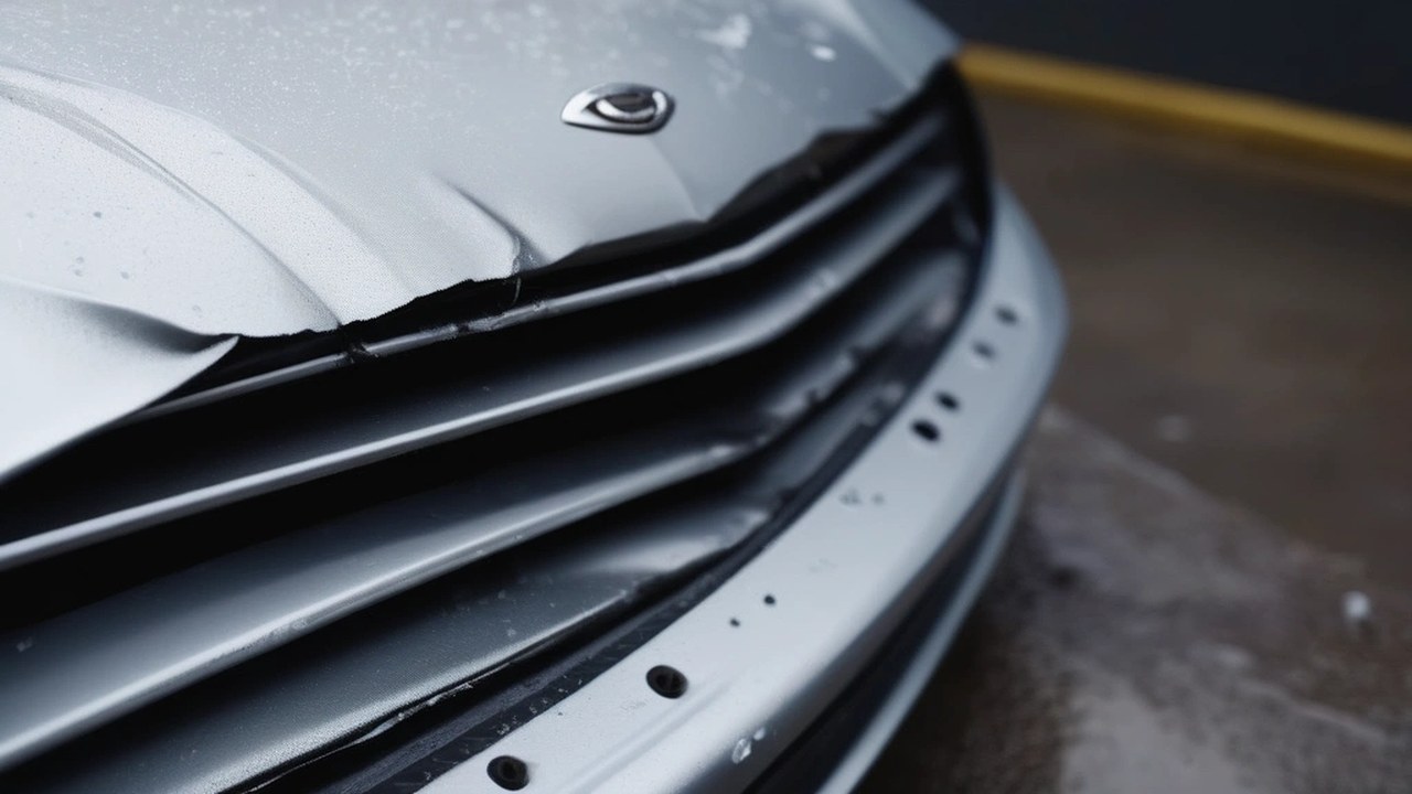 Nahaufnahme einer verbeulten Motorhaube und verbogenen Kühlergrill-Lamellen eines silbernen Autos nach Auffahrunfall